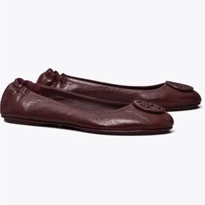Tory Burch Burgundy Leather Logo Ballet Flats